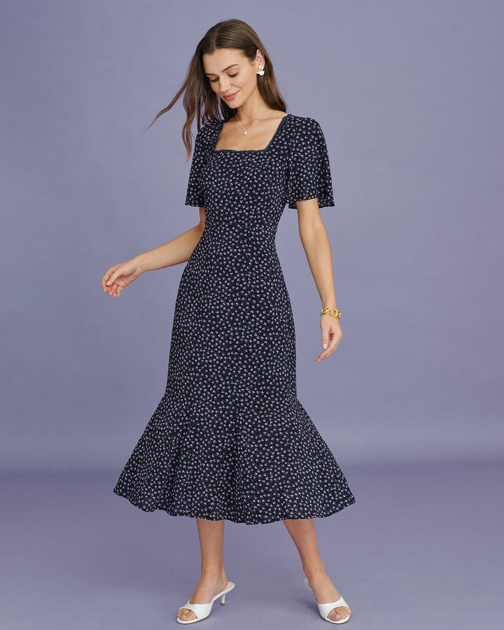 Vestido Midi de Manga Mariposa Floral Púrpura
