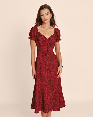 Vestido Midi Floral de Encaje con Cuello en V Rojo
