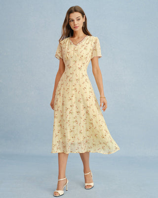 Túnica Midi Floral Amarilla con Cuello en V