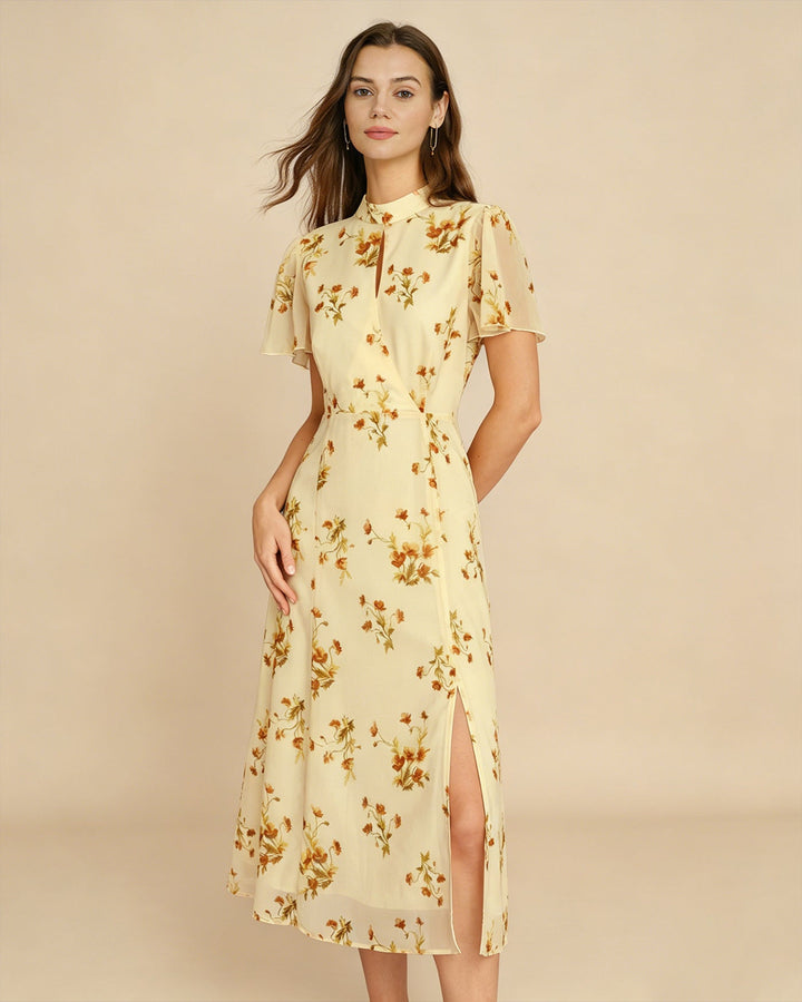 Vestido Midi Floral con Mangas de Mariposa Amarillo