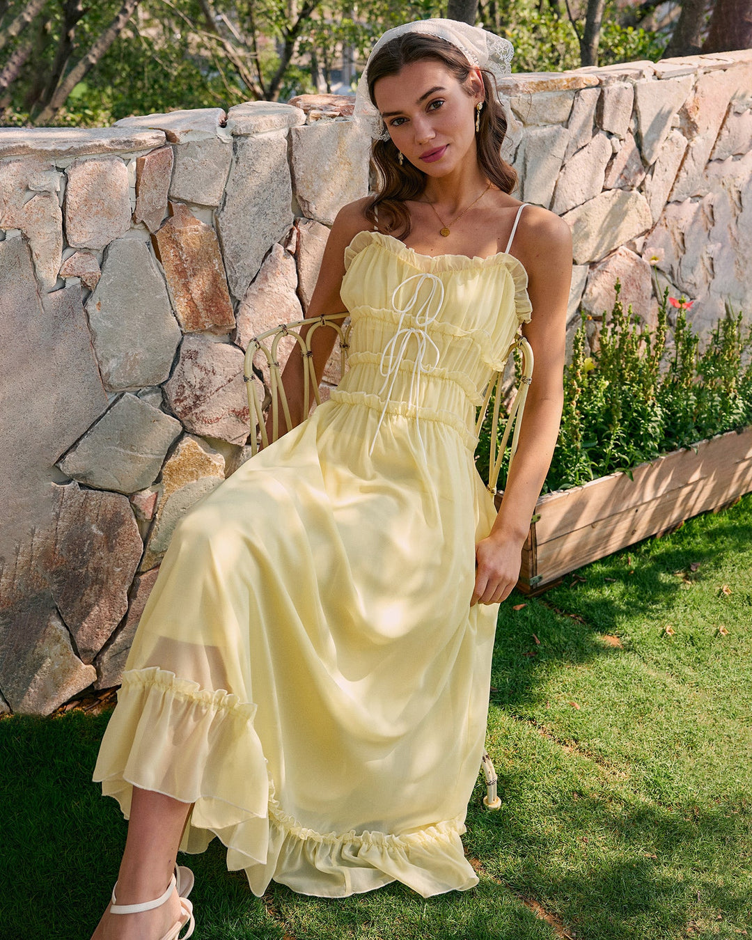 Vestido Midi con Volantes en el Escote Corazón Amarillo