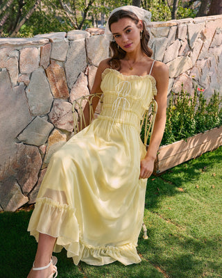 Vestido Midi con Volantes en el Escote Corazón Amarillo