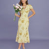 Vestido Midi de Sirena Floral con Escote en V Amarillo
