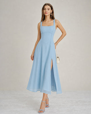 Vestido Midi de Chiffon con Escote Cuadrado y Abertura Azul