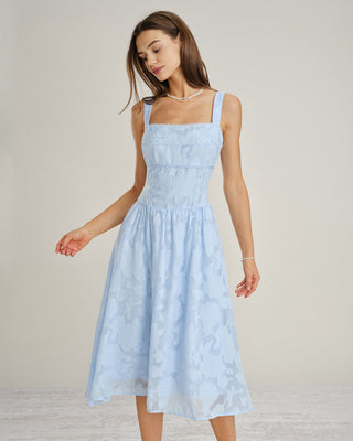 Vestido Midi de Encaje Jacquard con Escote Cuadrado Azul