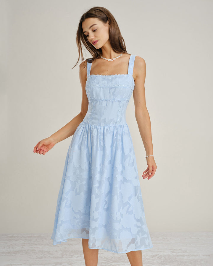 Vestido Midi de Encaje Jacquard con Escote Cuadrado Azul