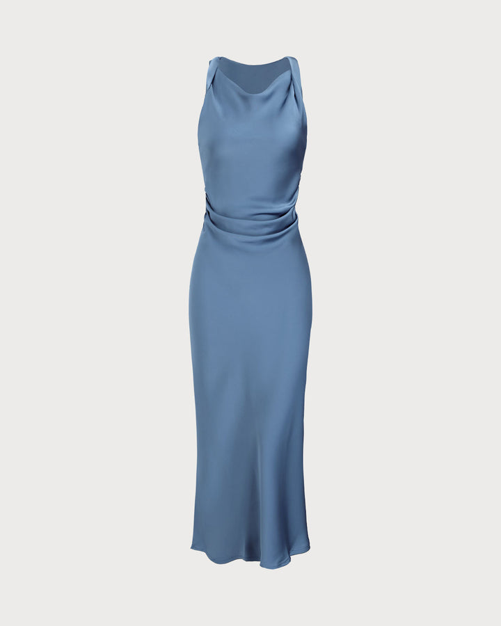 Vestido Midi de Satén Azul con Escote Barco