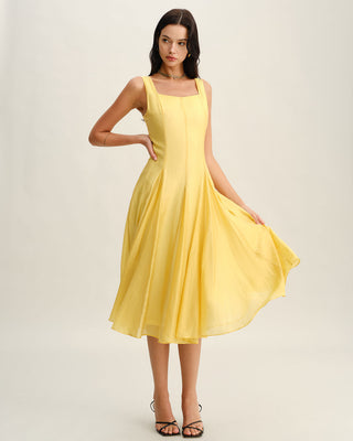 Vestido Midi de Tirantes Plisados con Escote Cuadrado Amarillo