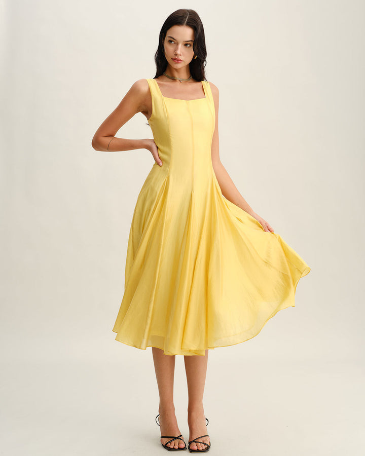 Vestido Midi de Tirantes Plisados con Escote Cuadrado Amarillo
