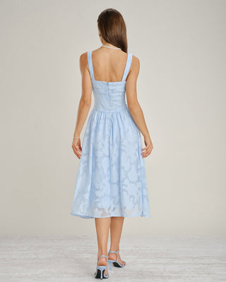Vestido Midi de Encaje Jacquard con Escote Cuadrado Azul