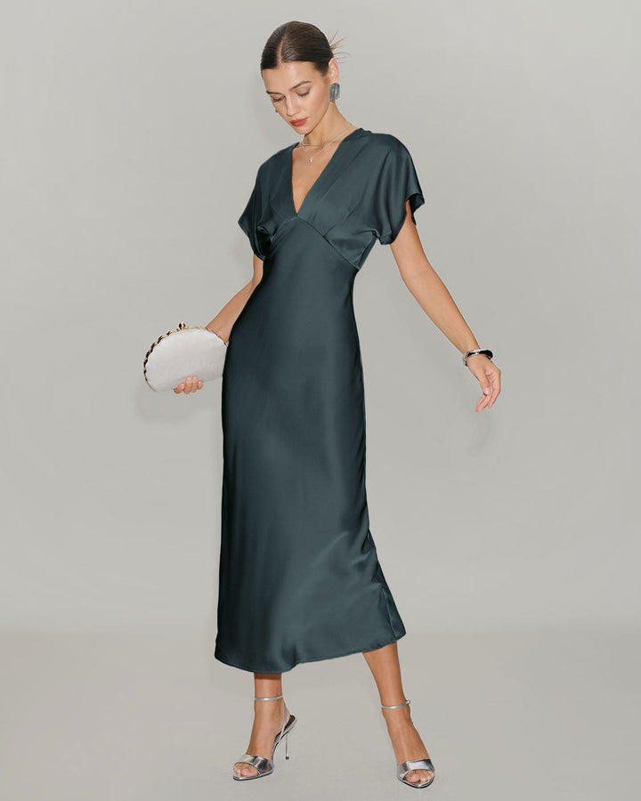 Vestido Midi de Satén Verde Gris con Mangas de Capucha
