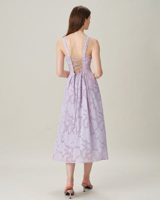 Vestido Midi Jacquard con Cuello Cuadrado Púrpura
