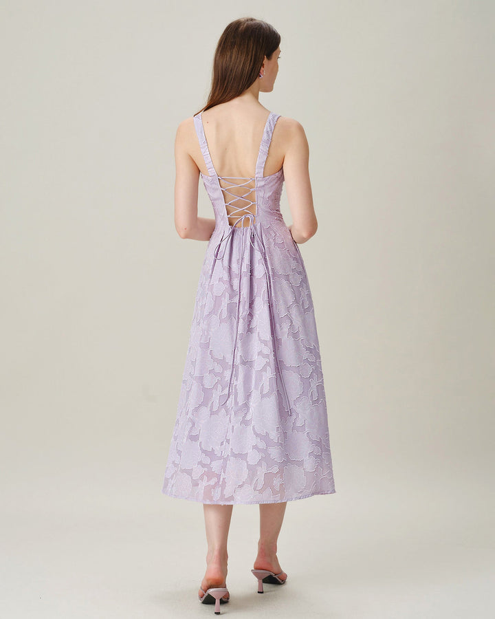 Vestido Midi Jacquard con Cuello Cuadrado Púrpura