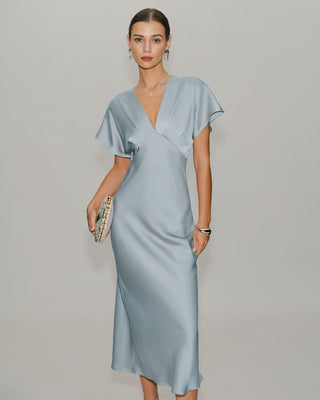 Vestido Midi de Satén con Cuello en V y Mangas de Cowl