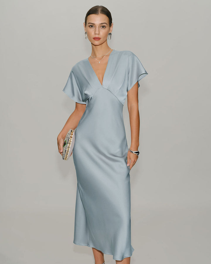 Vestido Midi de Satén con Cuello en V y Mangas de Cowl