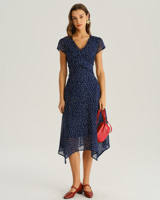 Vestido Midi de Manga Corta con Lunares en Color Marino