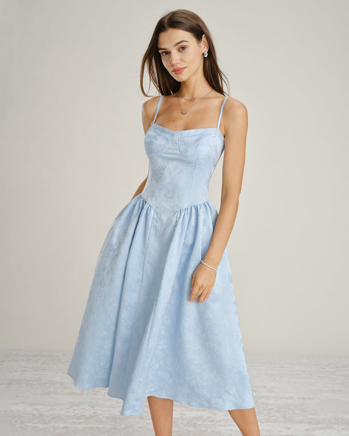 Vestido Midi Slip con Bolsillos de Jacquard Azul