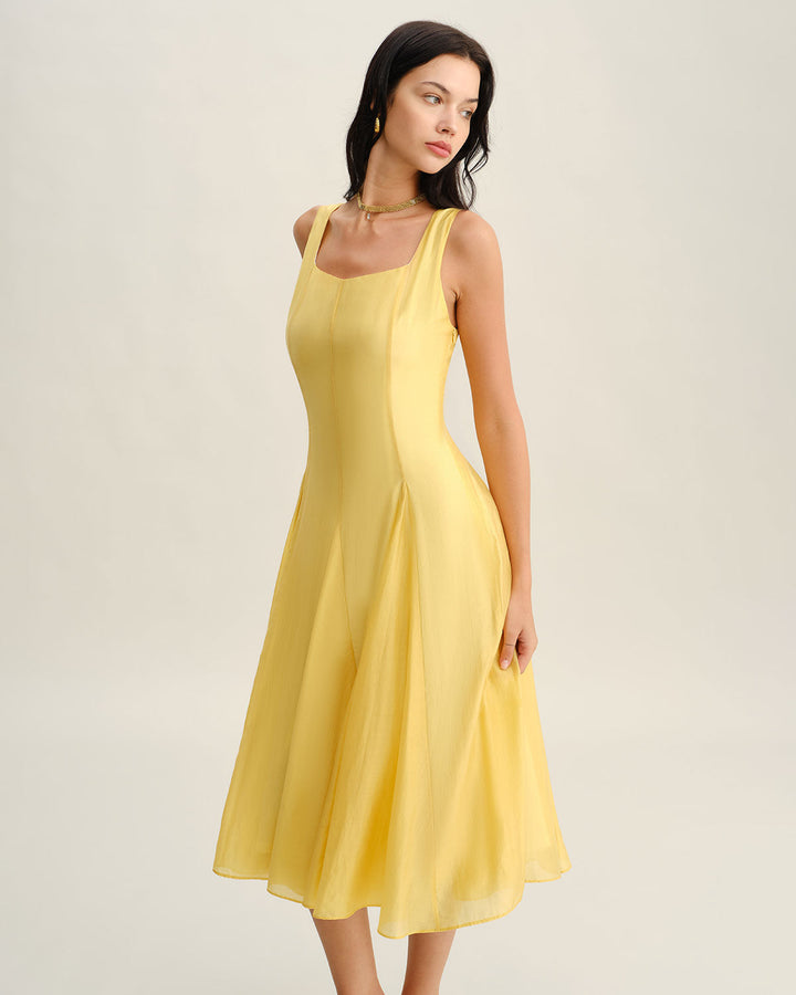 Vestido Midi de Tirantes Plisados con Escote Cuadrado Amarillo