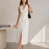 Vestido Midi Beige Sin Mangas con Botones y Abertura