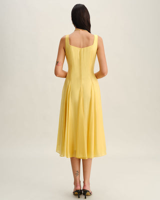 Vestido Midi de Tirantes Plisados con Escote Cuadrado Amarillo