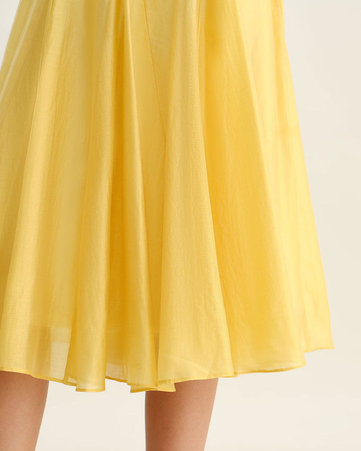 Vestido Midi de Tirantes Plisados con Escote Cuadrado Amarillo