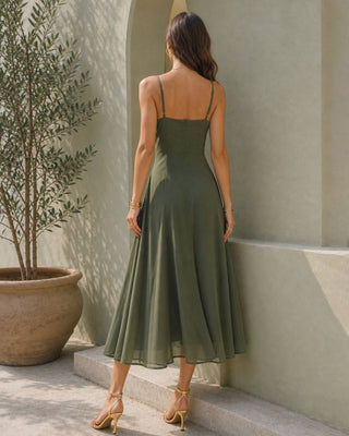 Vestido Midi de Chifón con Cuello de Cowl Verde