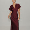 Vestido Midi de Satén Rojo Vino con Mangas de Capucha