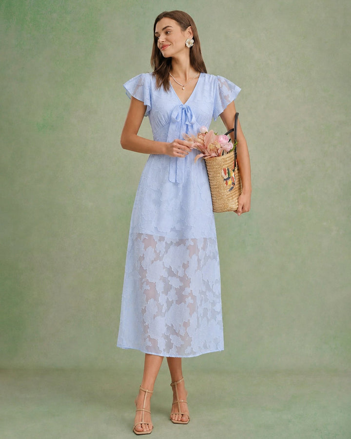 Vestido Midi de Jacquard con Volantes y Escote en V Azul