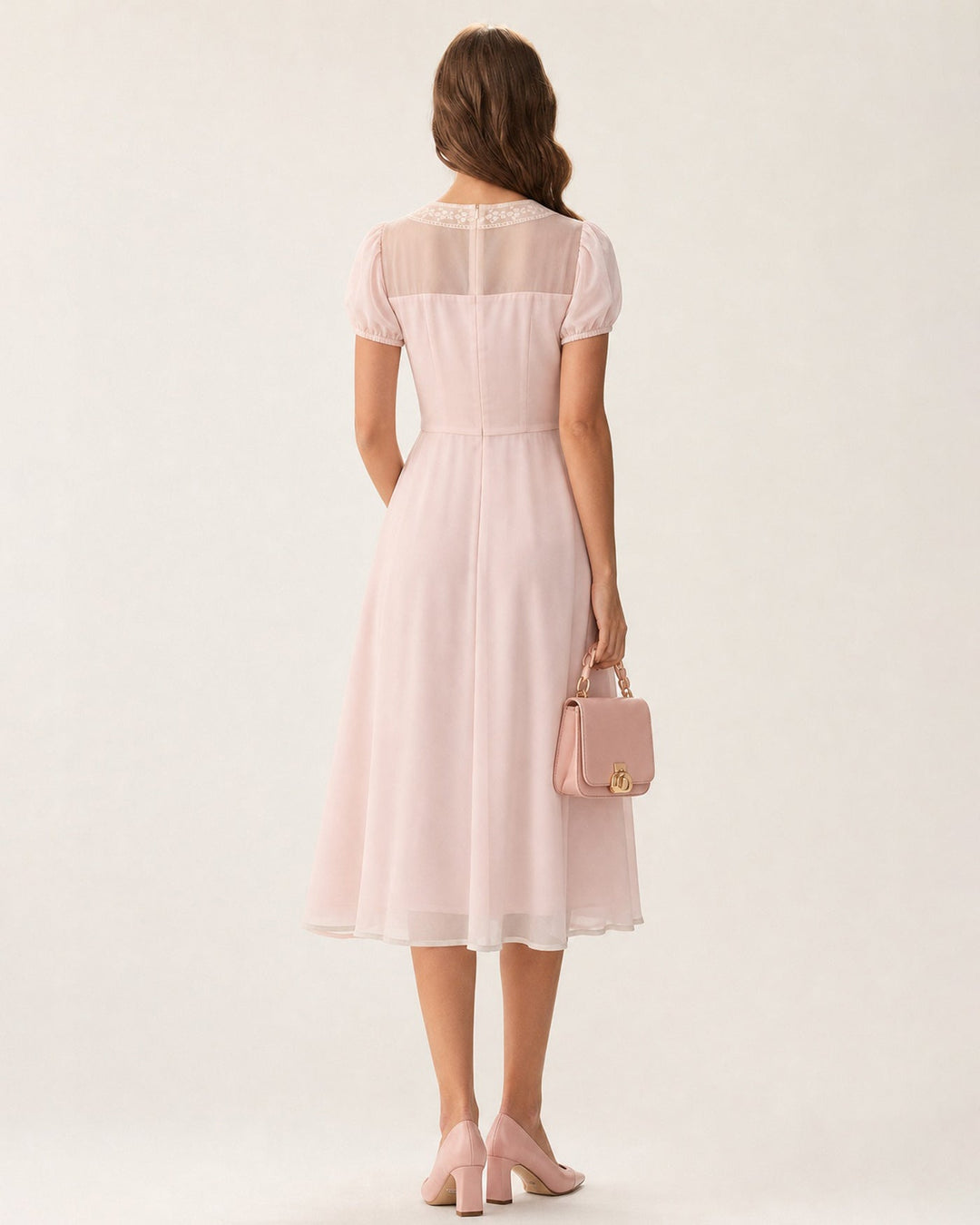 Vestido Midi de Chifón con Cuello Cuadrado Rosa