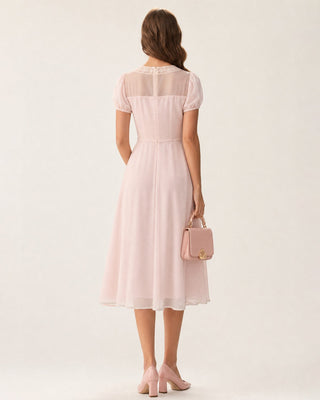 Vestido Midi de Chifón con Cuello Cuadrado Rosa