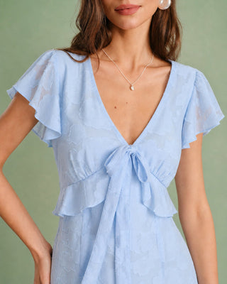 Vestido Midi de Jacquard con Volantes y Escote en V Azul
