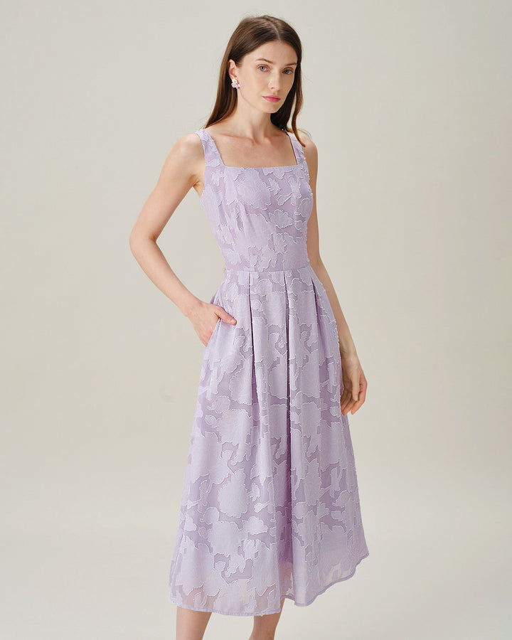 Vestido Midi Jacquard con Cuello Cuadrado Púrpura