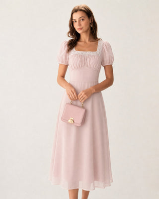 Vestido Midi de Chifón con Cuello Cuadrado Rosa