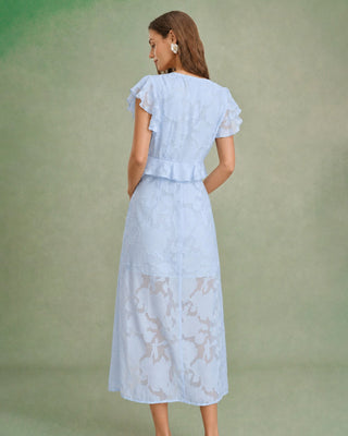 Vestido Midi de Jacquard con Volantes y Escote en V Azul