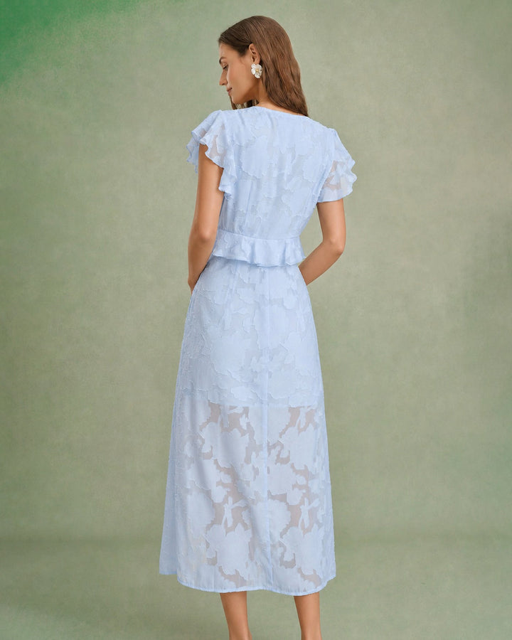 Vestido Midi de Jacquard con Volantes y Escote en V Azul