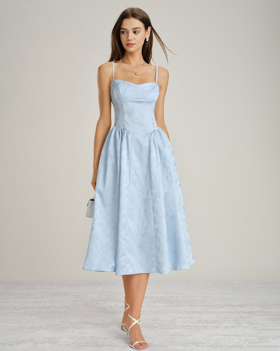 Vestido Midi Slip con Bolsillos de Jacquard Azul