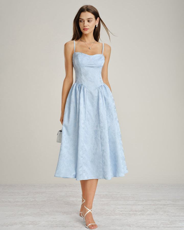 Vestido Midi Slip con Bolsillos de Jacquard Azul