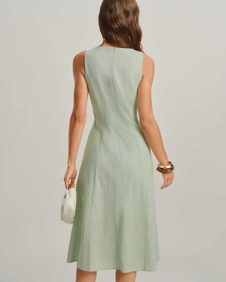 Vestido Midi Sin Mangas de Cuello Redondo Verde