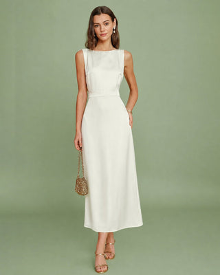 Vestido Midi de Satén Perla con Escote Barco Melocotón