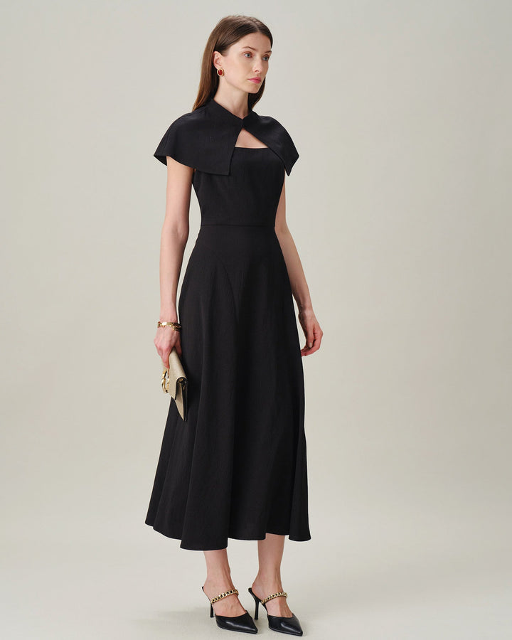 Vestido Midi Sin Mangas de Cuello Cuadrado Negro