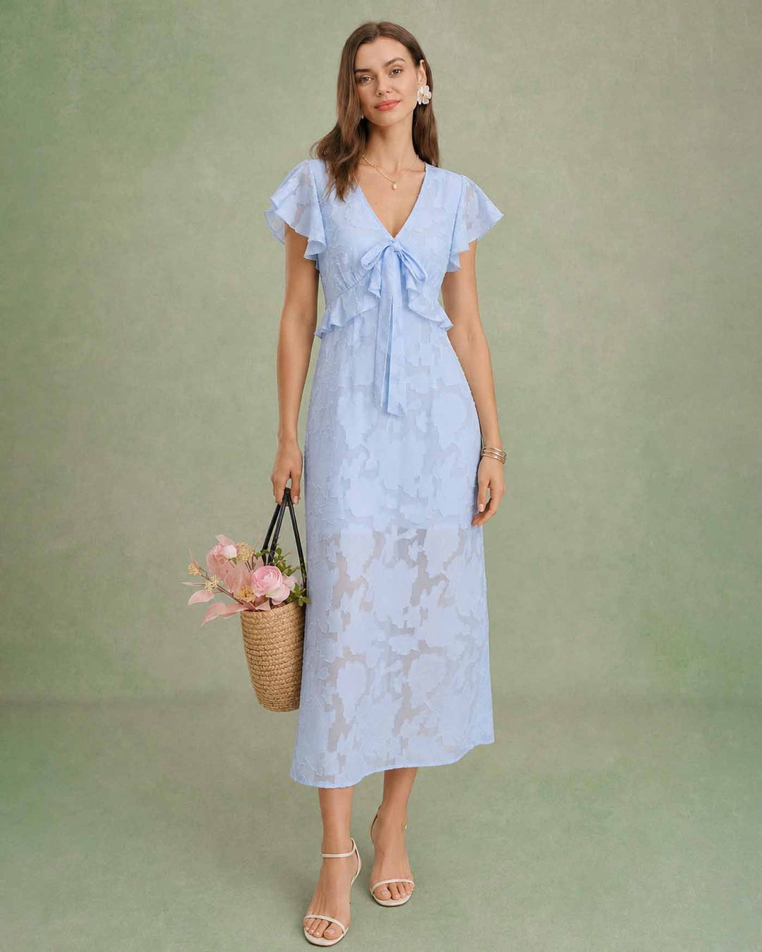Vestido Midi de Jacquard con Volantes y Escote en V Azul