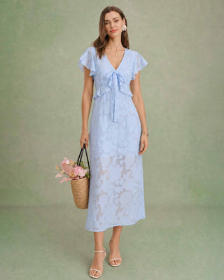Vestido Midi de Jacquard con Volantes y Escote en V Azul