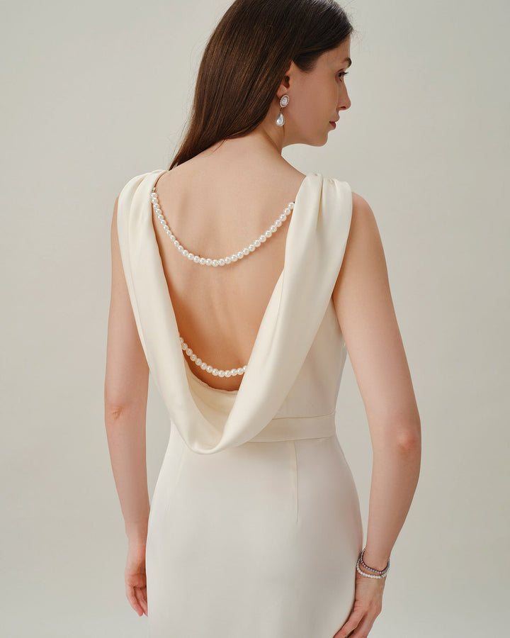 Vestido Midi de Satén Perla con Escote Barco Melocotón