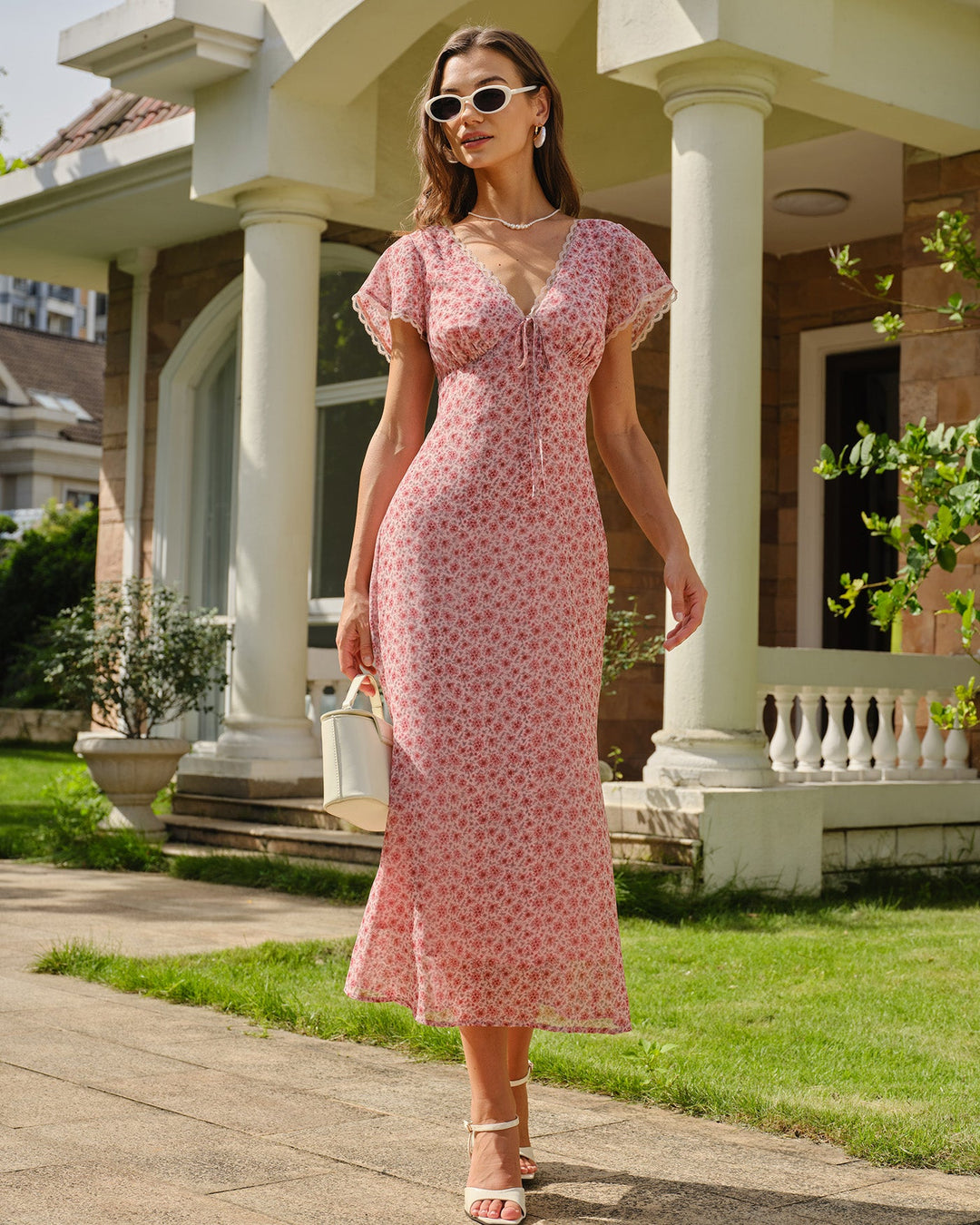 Vestido Midi de Encaje Floral Rosa con Escote en V