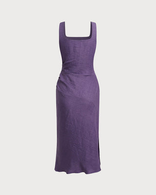Vestido Midi Sin Mangas de Cuello Cuadrado Púrpura