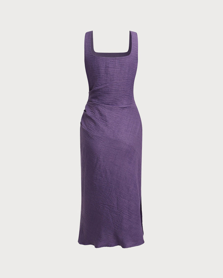 Vestido Midi Sin Mangas de Cuello Cuadrado Púrpura