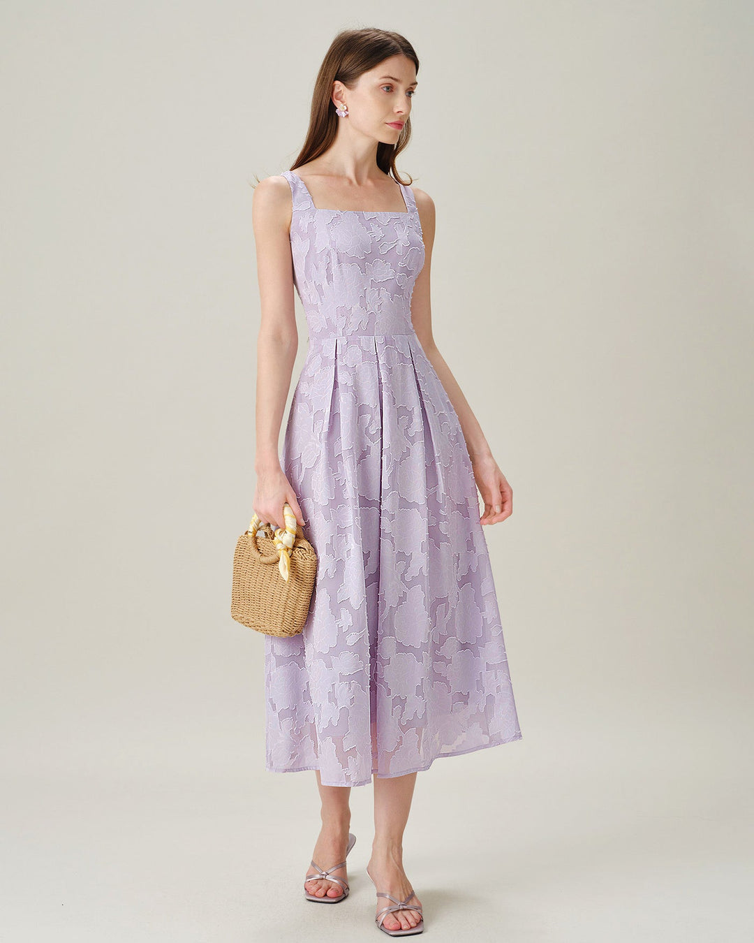 Vestido Midi Jacquard con Cuello Cuadrado Púrpura