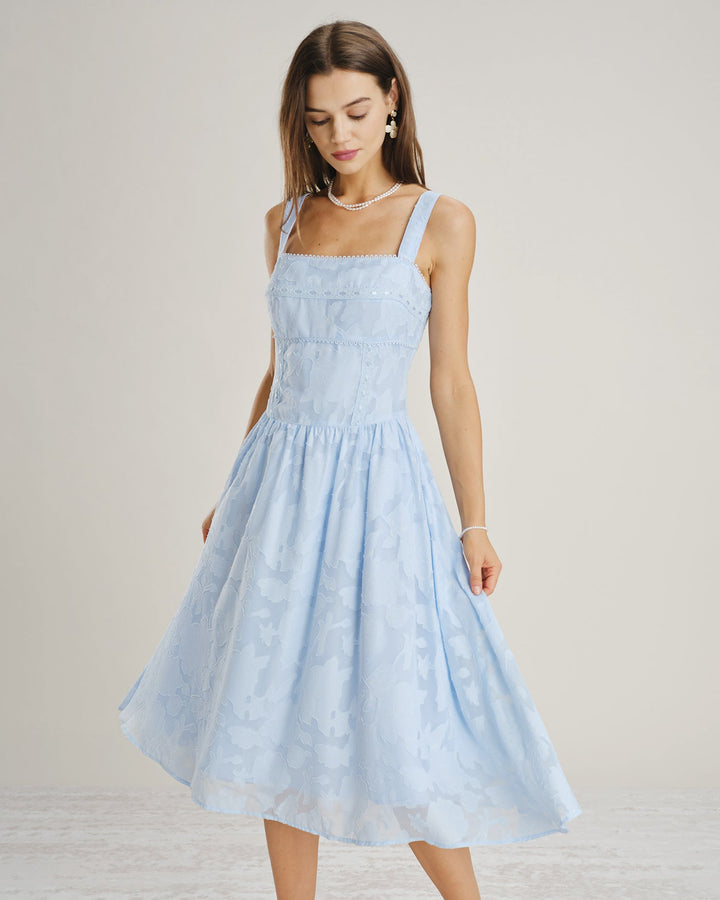 Vestido Midi de Encaje Jacquard con Escote Cuadrado Azul