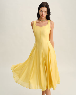 Vestido Midi de Tirantes Plisados con Escote Cuadrado Amarillo