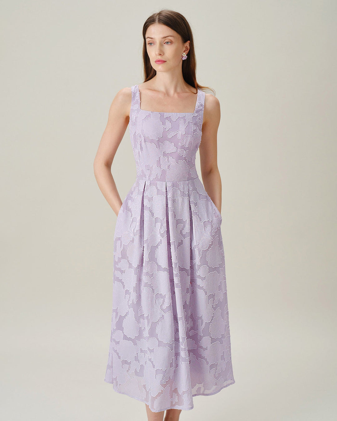 Vestido Midi Jacquard con Cuello Cuadrado Púrpura